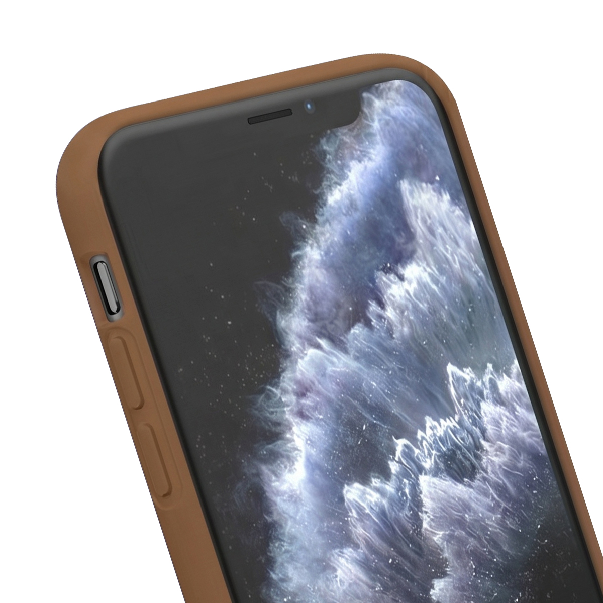 Primo piano di uno smartphone in custodia marrone, schermo con sfondo astratto.