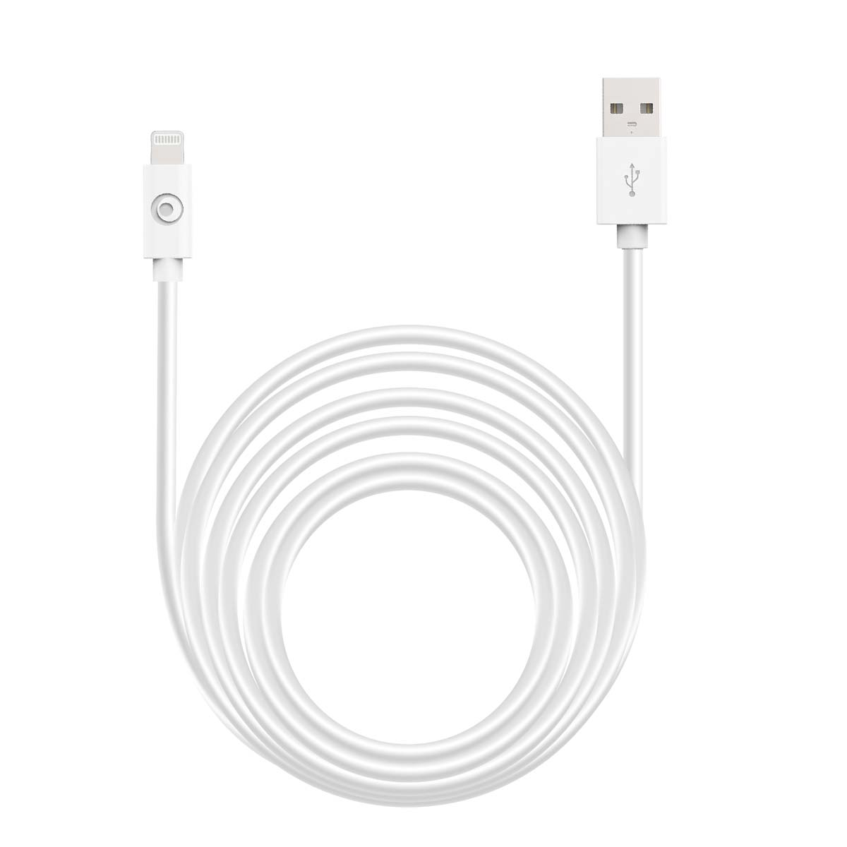 Cavo di ricarica bianco arrotolato con connettore USB a un'estremità e Lightning con pulsante all'altra.