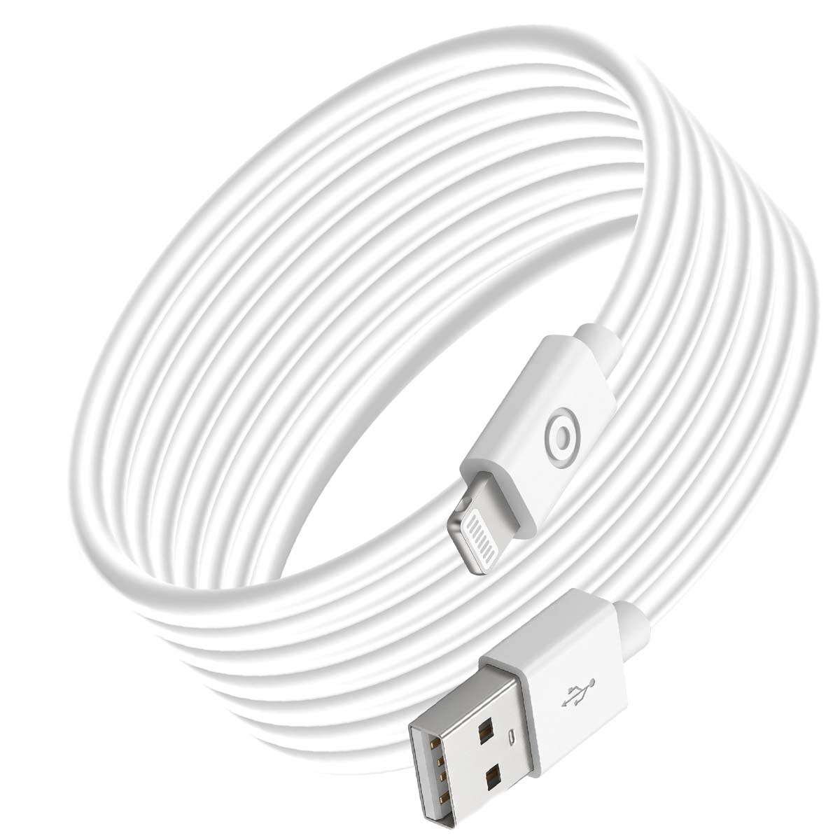 Un cavo bianco da USB-A a Lightning, ordinatamente arrotolato su sfondo bianco.