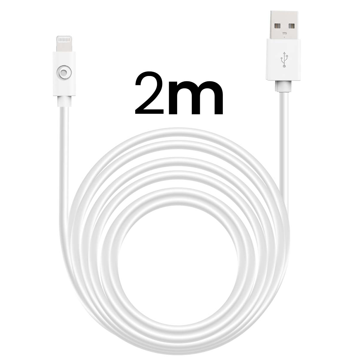 Un cavo di ricarica bianco USB a Lightning da 2 metri su sfondo bianco.