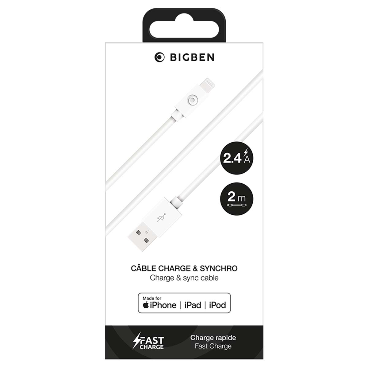 Confezione bianca cavo carica e sincro Bigben per dispositivi Apple con 2.4A e 2m.