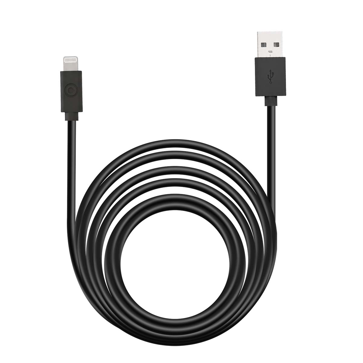 Ein schwarzes Ladekabel mit einem USB-A-Anschluss an einem Ende und einem Lightning-Anschluss am anderen, ordentlich aufgerollt.