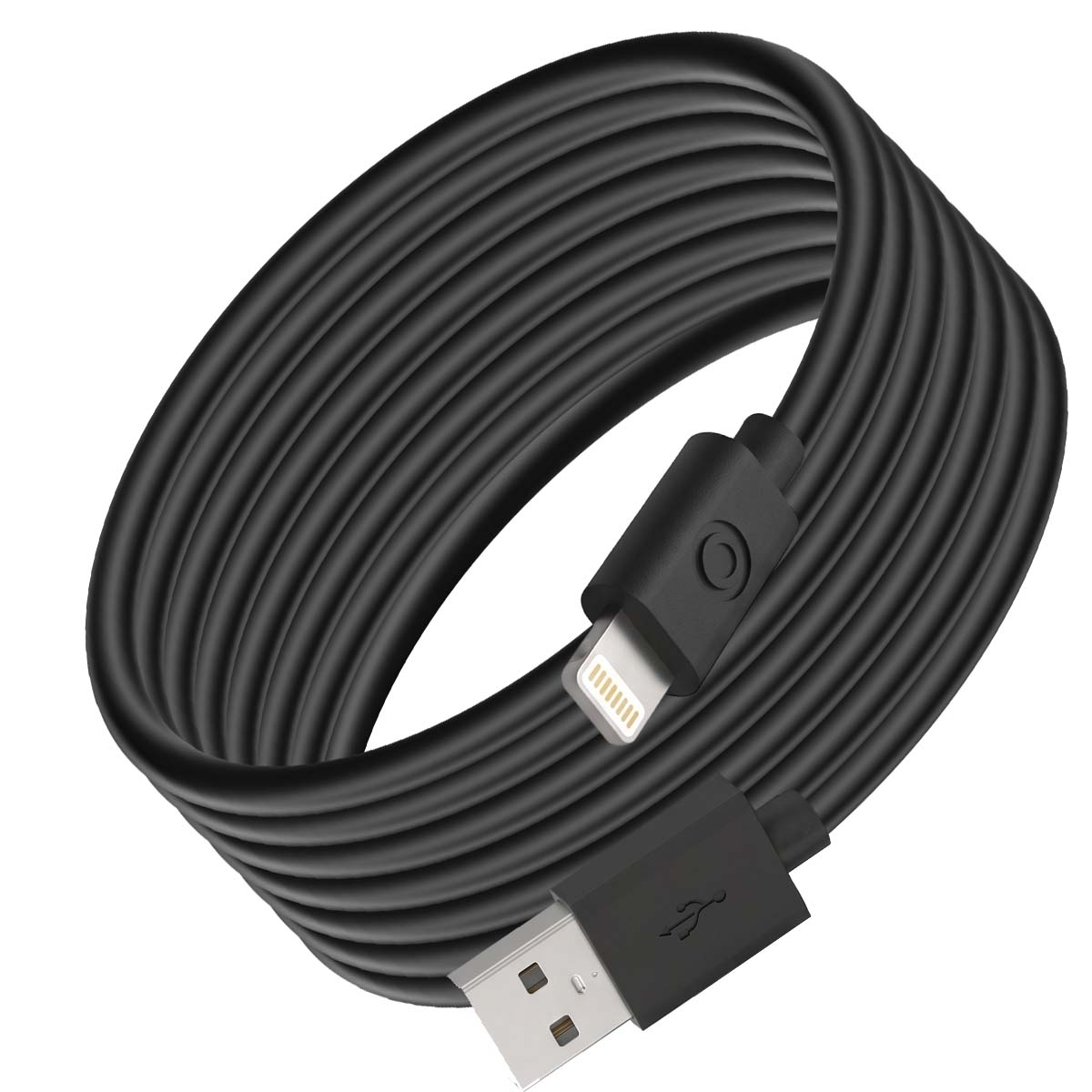 Ein aufgerolltes schwarzes USB-Kabel mit einem USB-A-Anschluss an einem Ende und einem Lightning-Anschluss am anderen.
