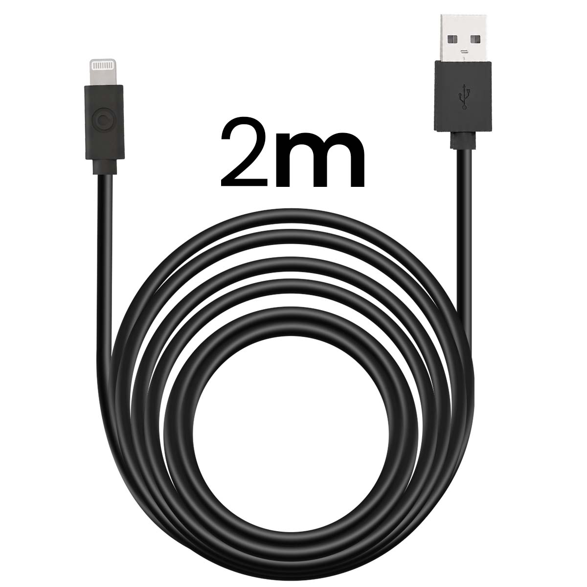 Ein langes schwarzes USB-auf-Lightning-Kabel auf weißem Hintergrund mit der Aufschrift 2m.
