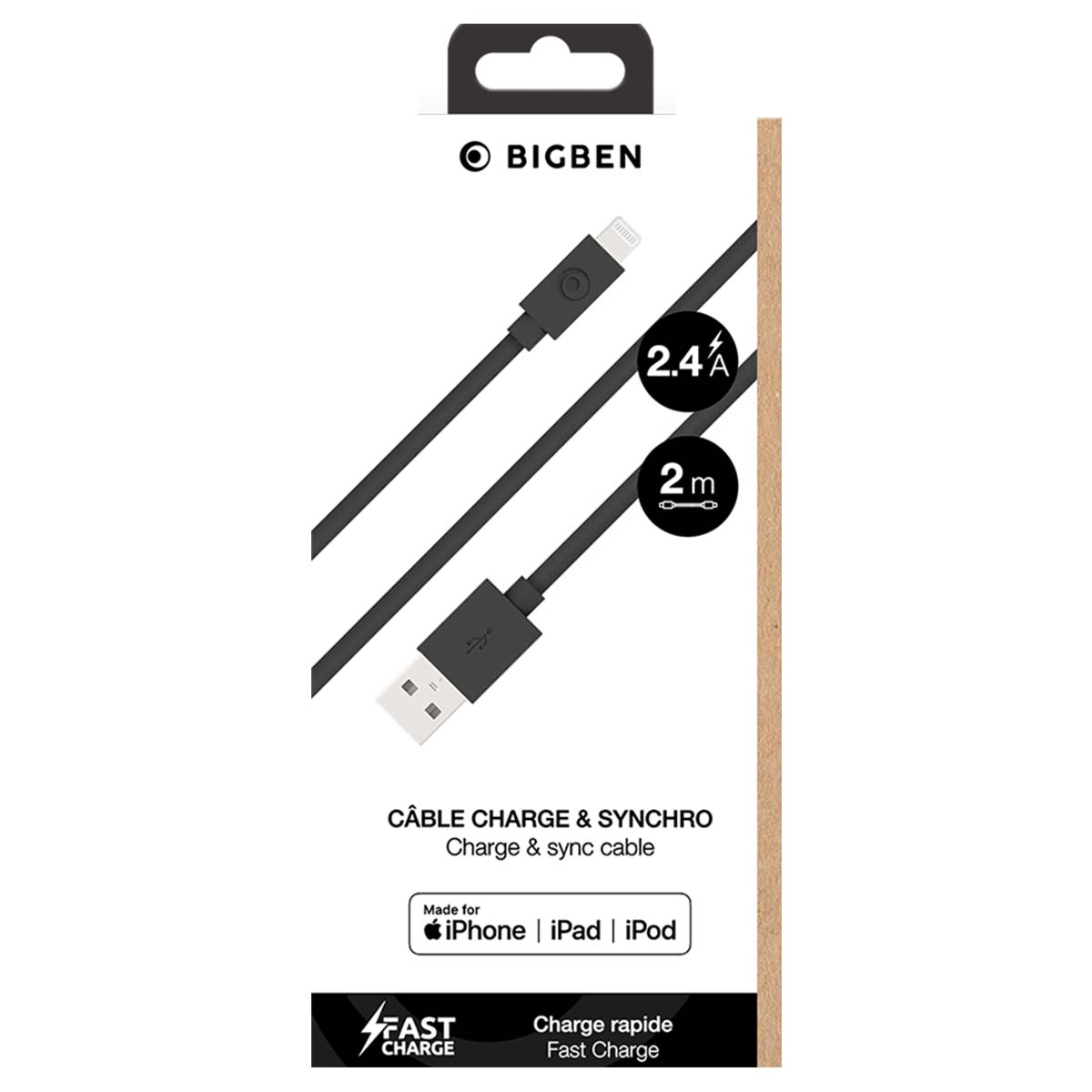 Verpackung für ein schwarzes Bigben 2m USB-zu-Lightning Lade- und Synckabel mit 2.4A Schnellladung.