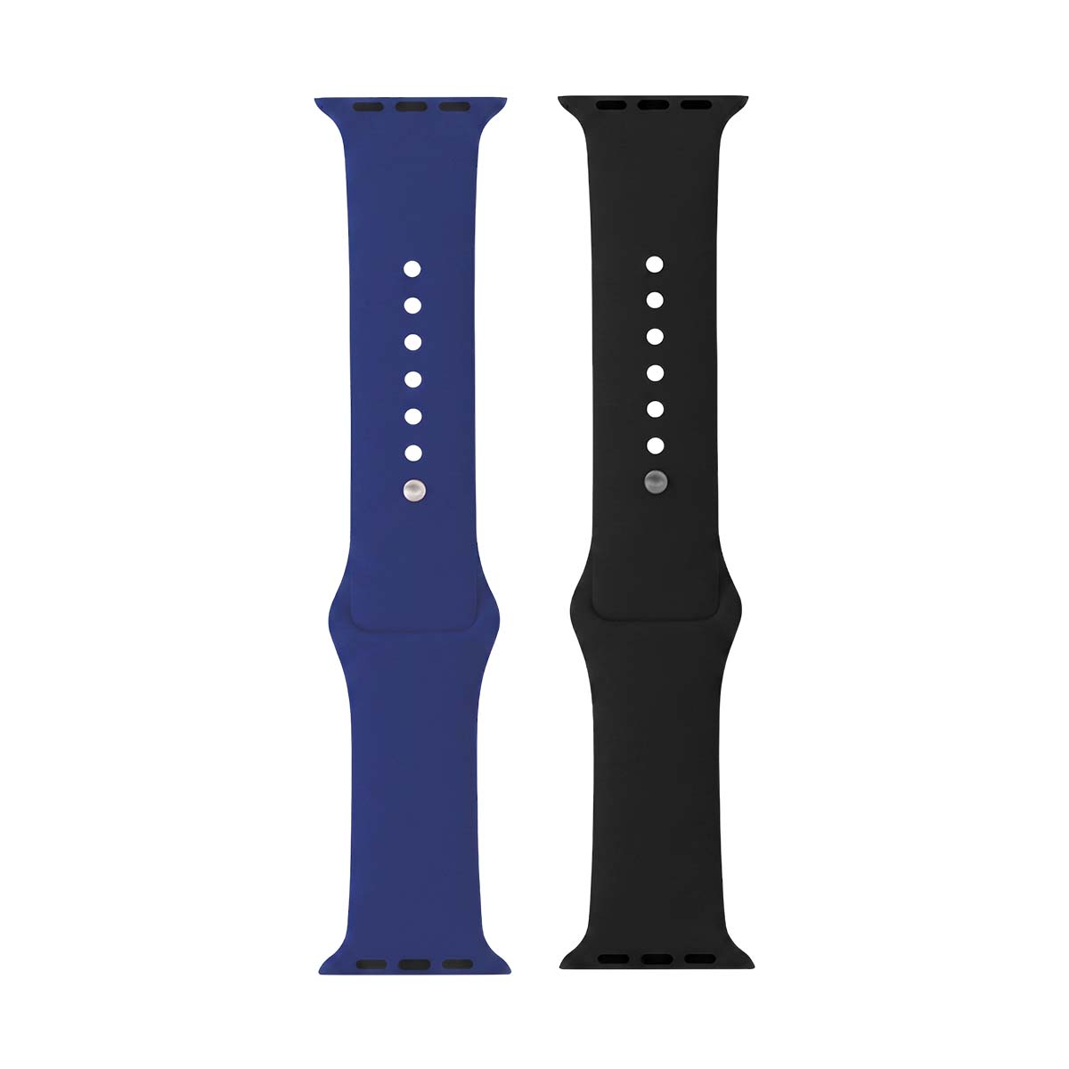 Due cinturini per smartwatch in silicone blu e nero su sfondo bianco.