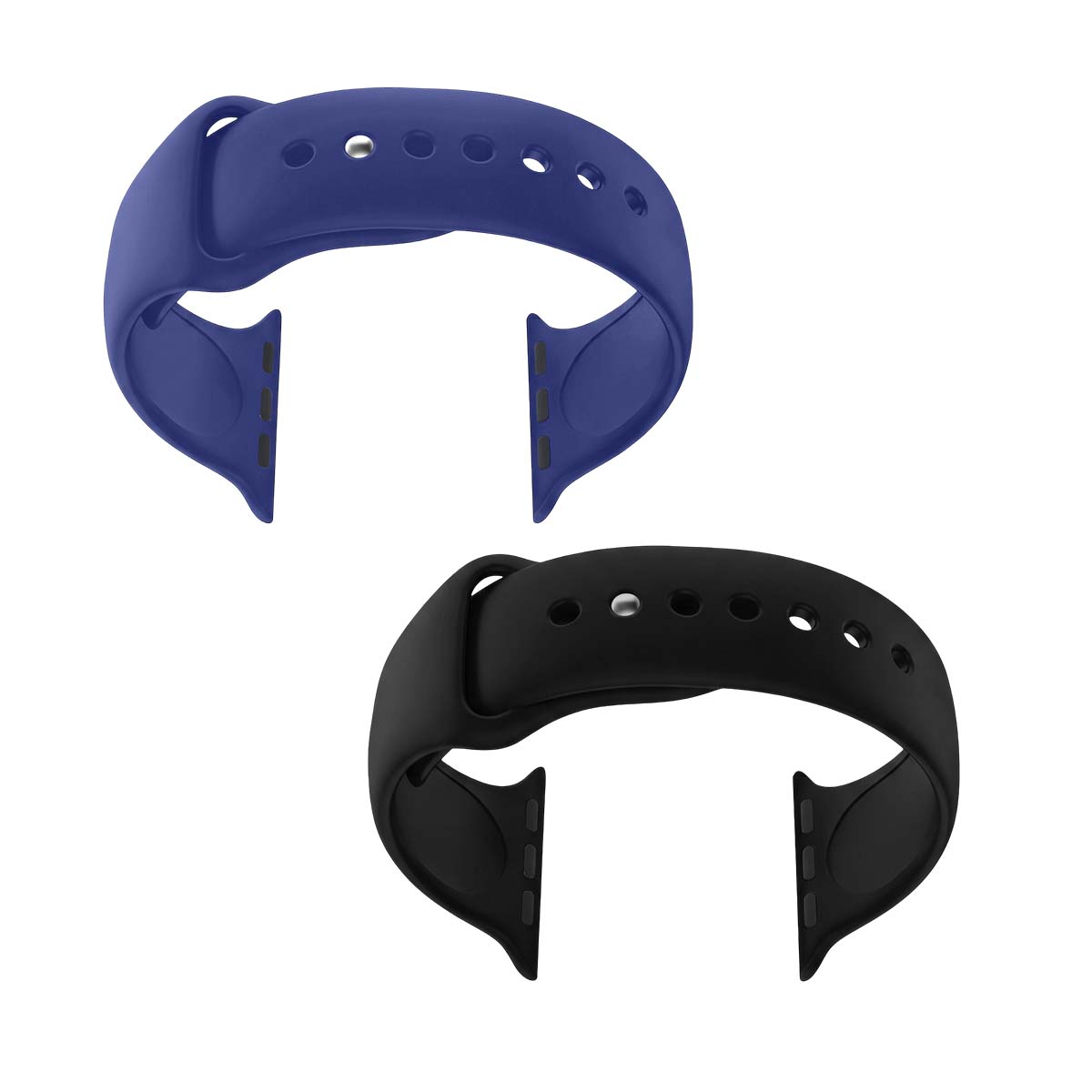 Due cinturini per orologio in silicone, uno blu e uno nero, su sfondo bianco.