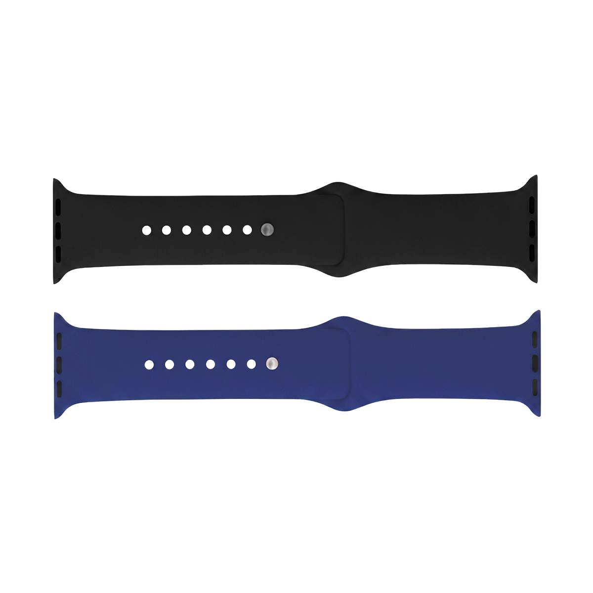 Due cinturini per smartwatch in silicone nero e blu su sfondo bianco.