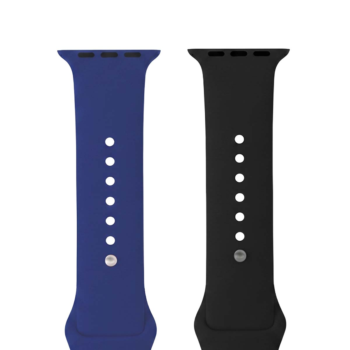 Due cinturini per orologio in silicone stesi, uno blu scuro e uno nero, con bottoni di chiusura su sfondo bianco.