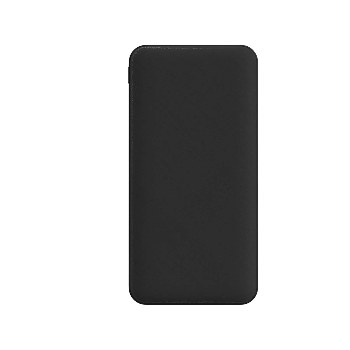 Un smartphone rectangulaire noir aux coins arrondis sur fond blanc.