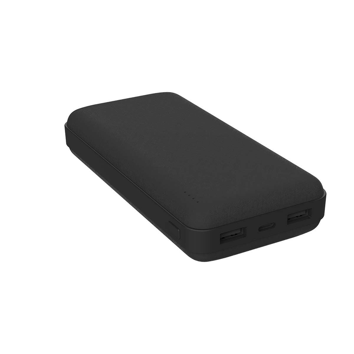 Une batterie externe noire avec deux ports USB et des LED d'état sur fond blanc.