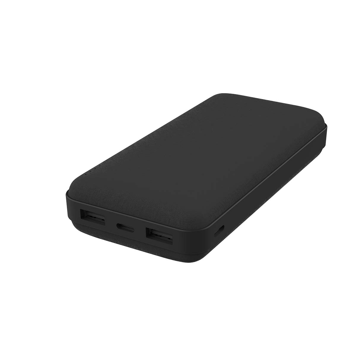 Une batterie externe noire repose sur un fond blanc, montrant ses ports USB.