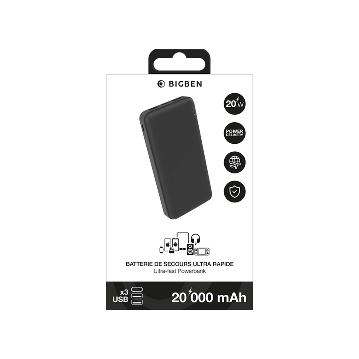 Emballage d'une batterie externe noire Bigben de 20000 mAh, 20W et trois ports USB sur fond blanc.