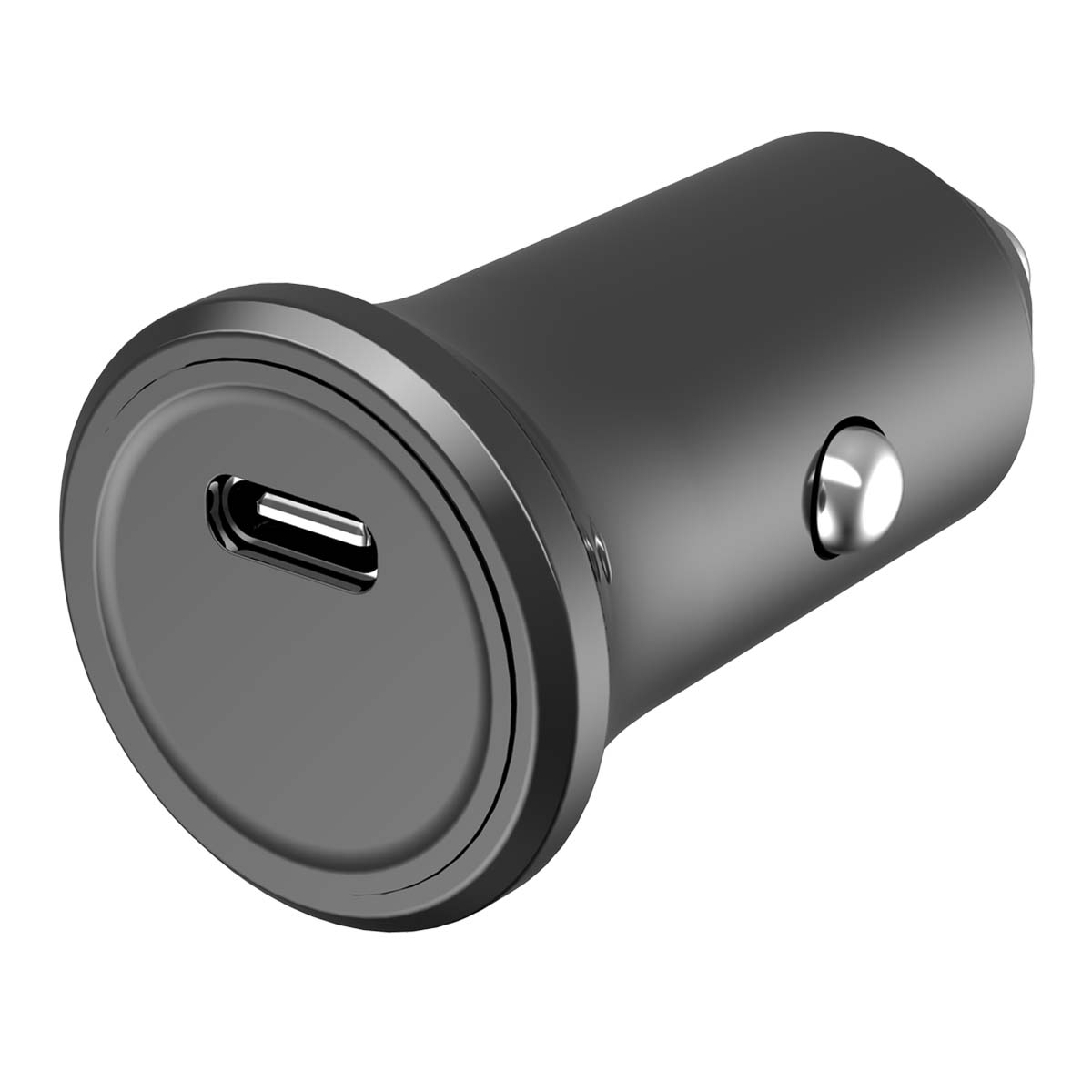 Un caricabatterie per auto USB-C nero con testa tonda e contatto in metallo argentato su sfondo bianco.