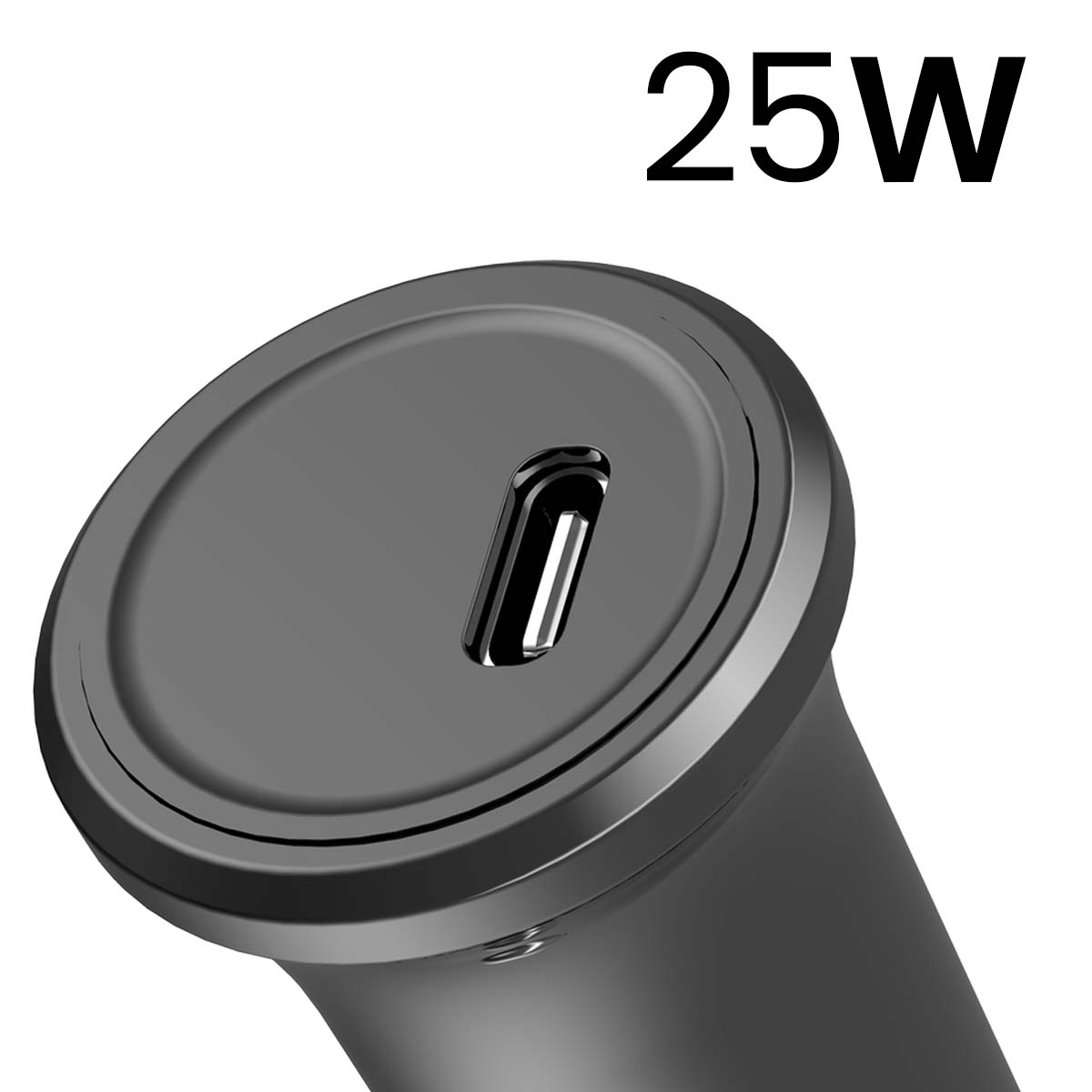 Un caricatore per auto USB-C nero da 25W con una singola porta.