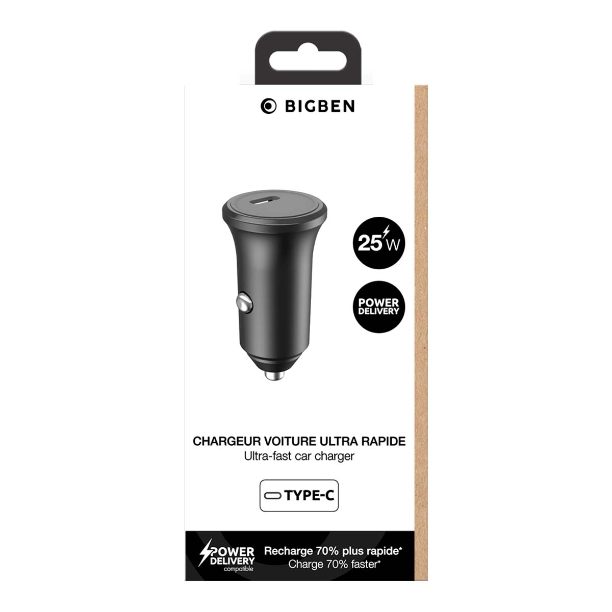 Confezione di un caricabatteria per auto USB-C Bigben 25W nero ultra-rapido.