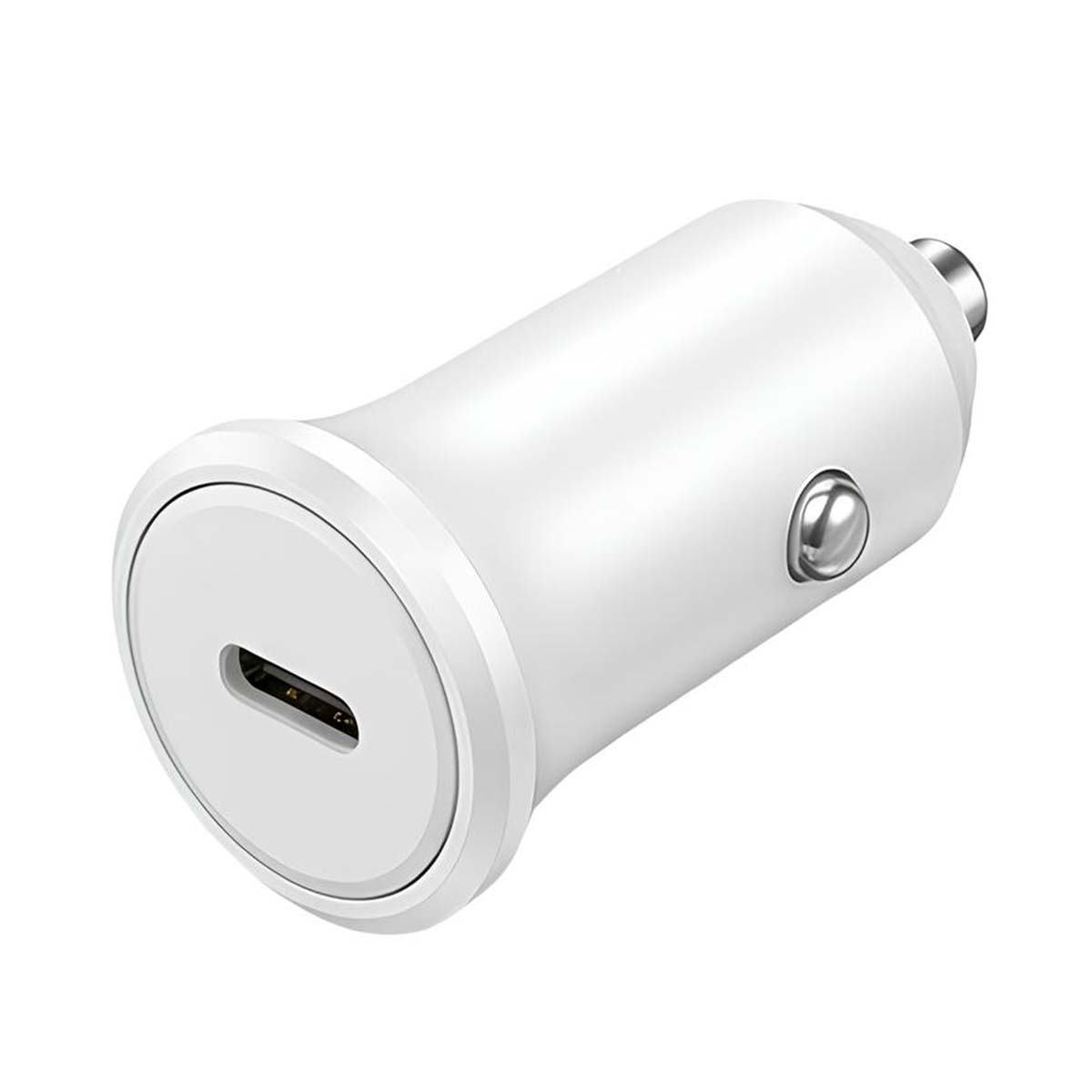 Un caricabatteria per auto USB-C bianco con una porta USB-C a un'estremità e un pin metallico sull'altra.