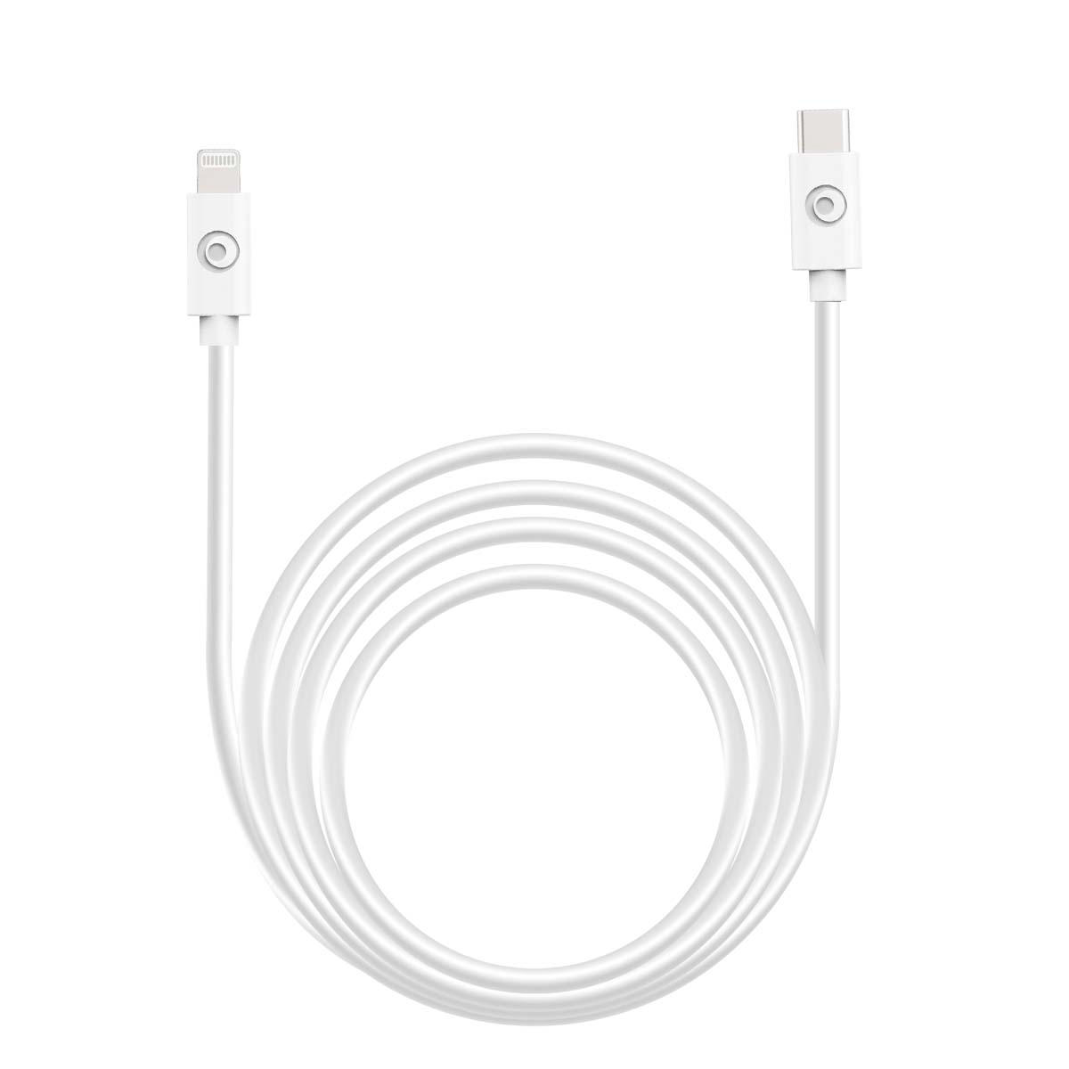 Un cavo di ricarica bianco con un connettore USB-C a un'estremità e un connettore Lightning all'altra.