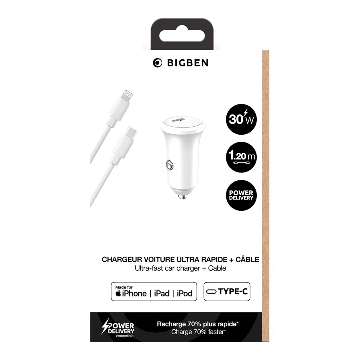 Caricabatteria per auto ultra rapido Bigben con cavo tipo C, sfondo bianco.
