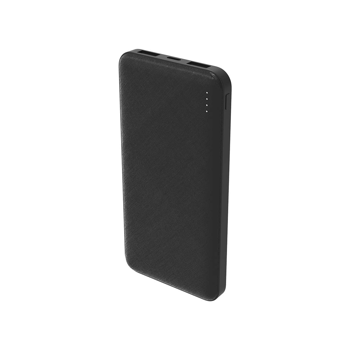 Une batterie externe noire avec une surface texturée et un indicateur LED sur fond blanc.