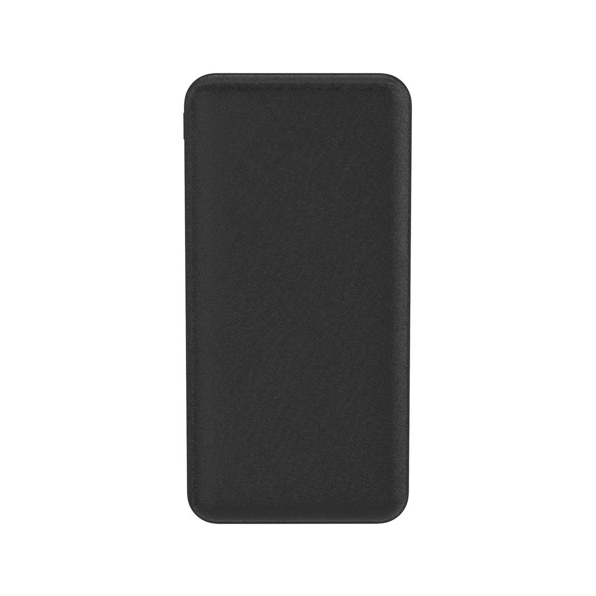 Un simple smartphone ou batterie externe noir aux coins arrondis sur fond blanc.