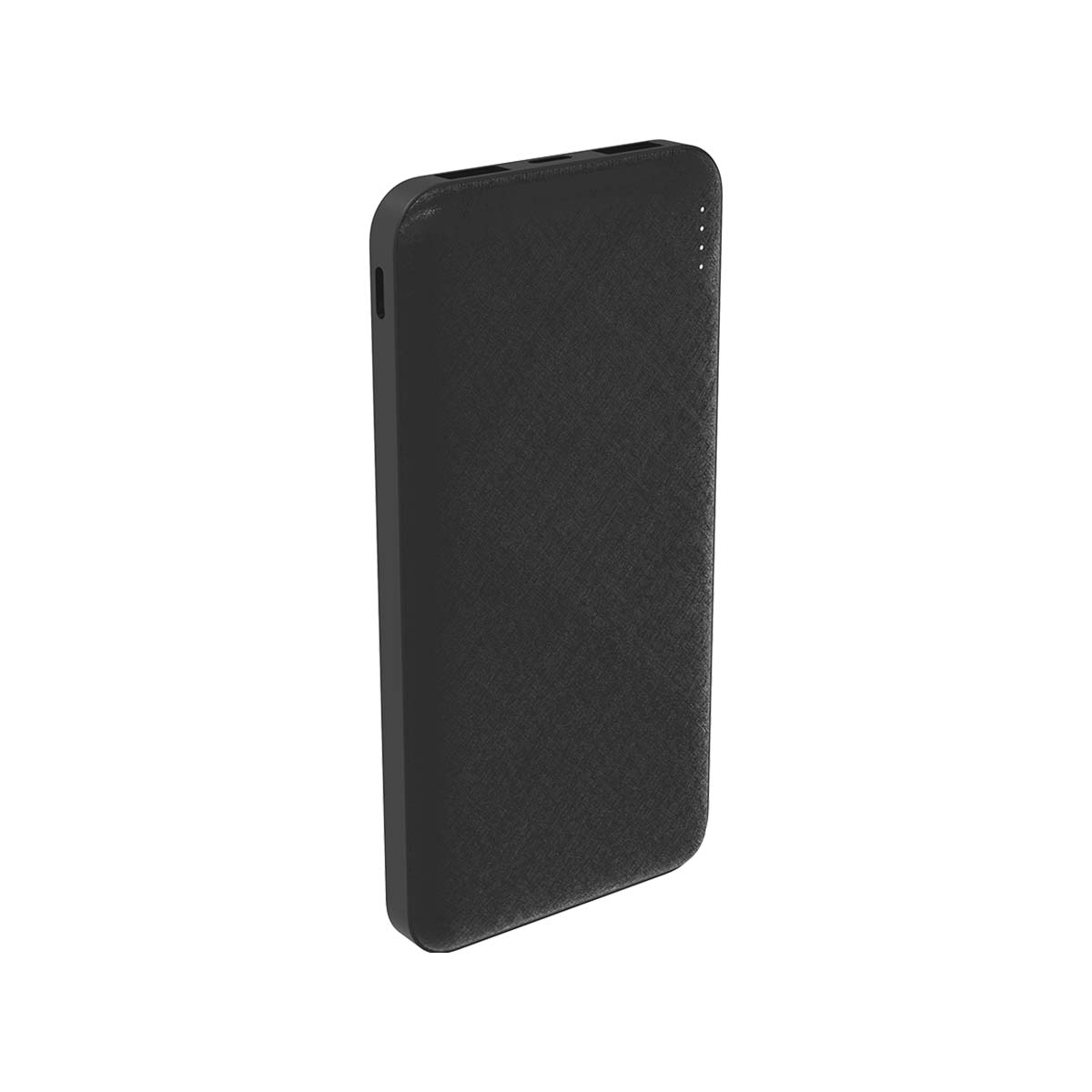 Une batterie externe noire avec une surface texturée, des coins arrondis et des voyants sur fond blanc.