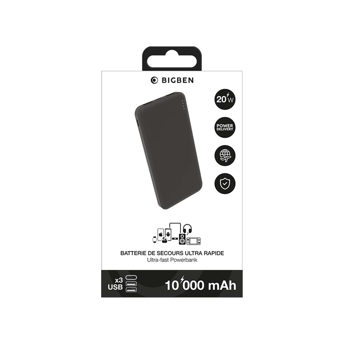 Emballage d'une batterie externe noire Bigben de 10 000 mAh avec Power Delivery de 20W.