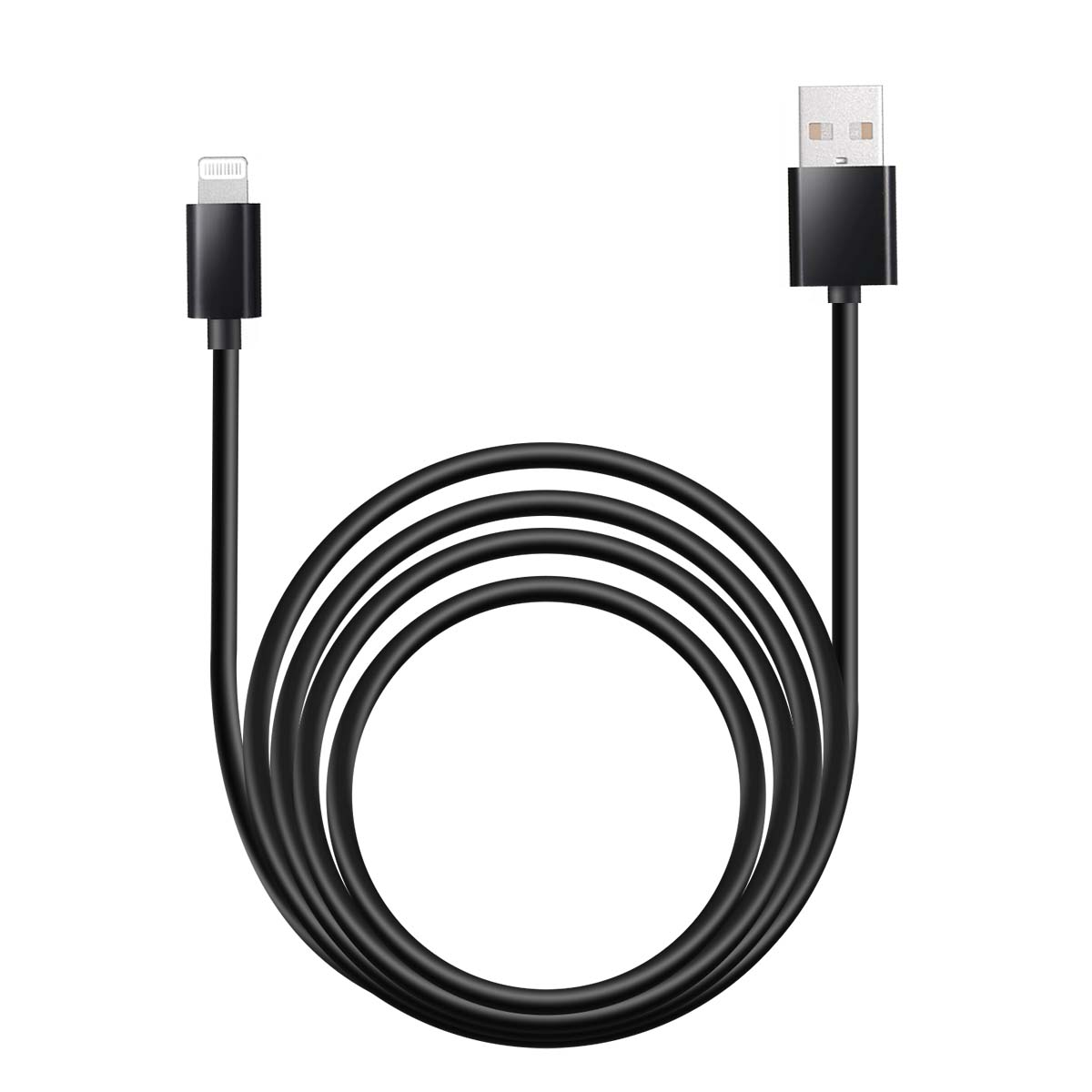 Un cavo di ricarica da USB a Lightning nero su sfondo bianco.