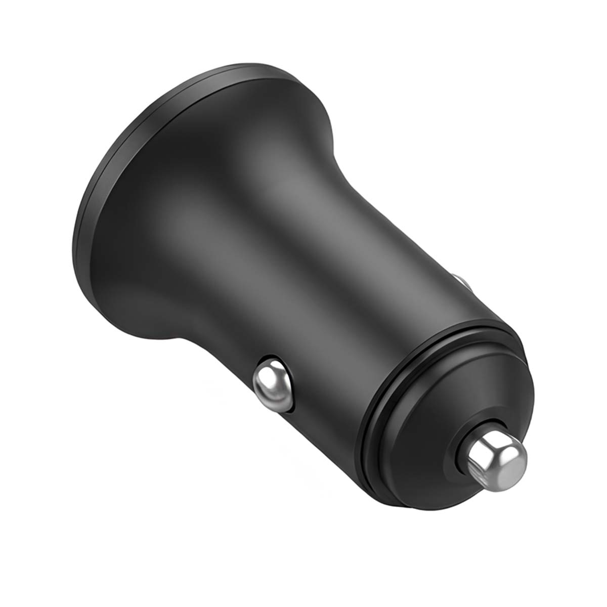 Un adattatore per caricabatterie da auto USB nero con contatti in metallo argentato su sfondo bianco.