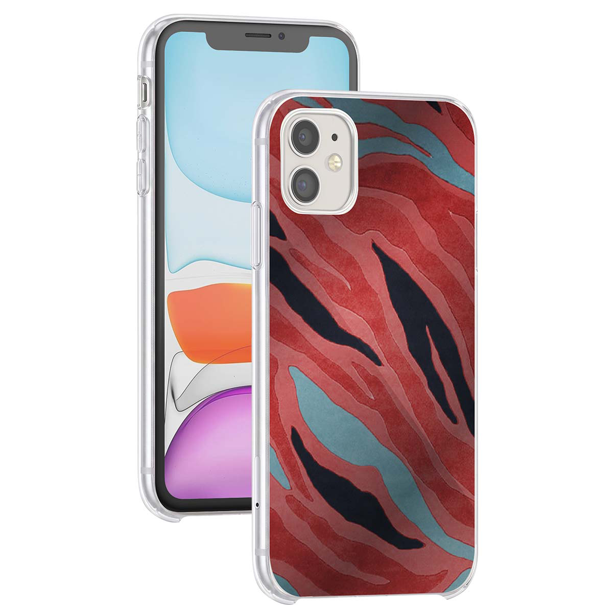 Custodia per telefono con stampa animalier rossa, blu e nera su uno smartphone.