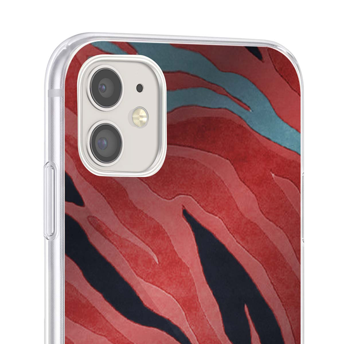 Cover per telefono con motivo astratto rosso, nero e blu e due fotocamere.