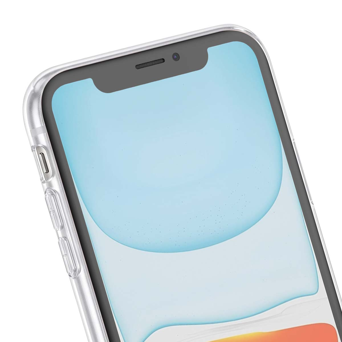Primo piano di uno smartphone con cover protettiva trasparente e schermo blu.