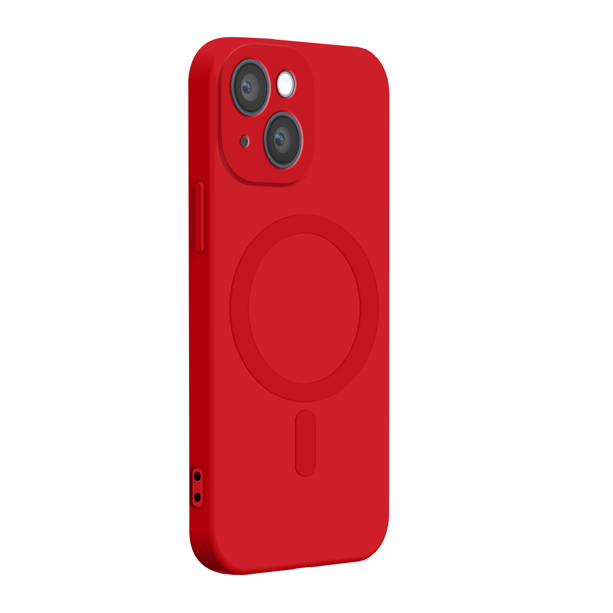 Custodia rossa per smartphone con cerchio MagSafe e ritaglio per fotocamera su sfondo bianco.