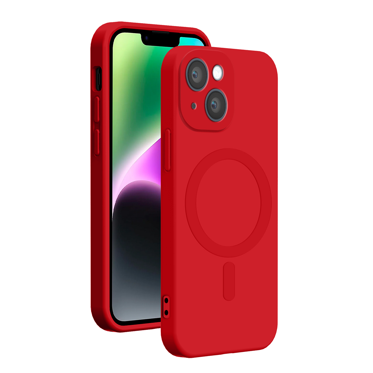 Uno smartphone rosso in una custodia protettiva rossa con anello MagSafe e due fotocamere.
