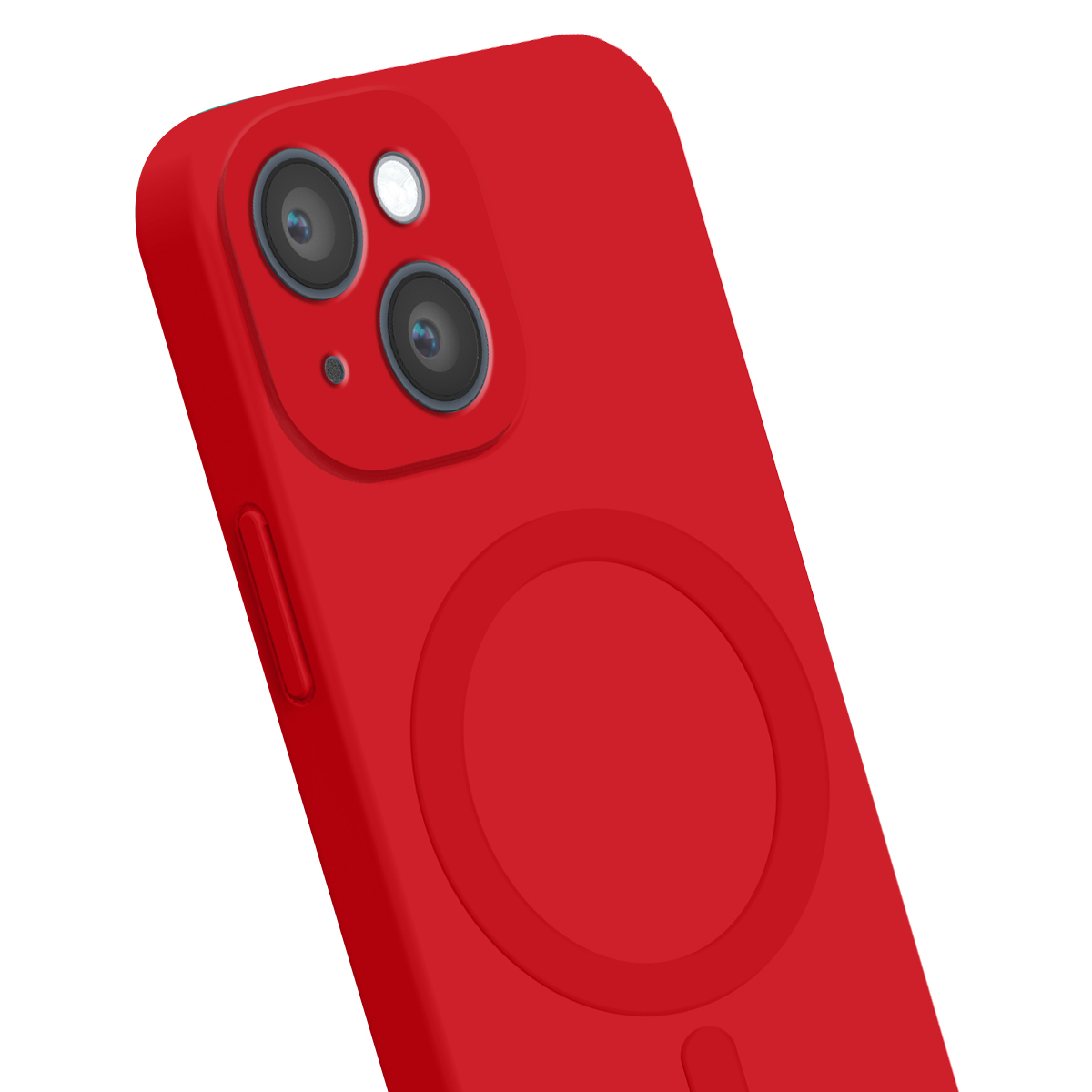 Uno smartphone rosso con cover in silicone, due fotocamere e un simbolo di ricarica circolare sul retro.