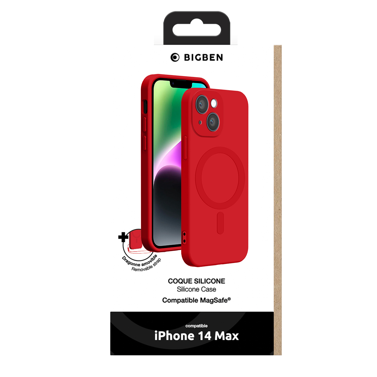 Confezione di una custodia in silicone rosso Bigben con MagSafe per iPhone 14 Max e laccetto.