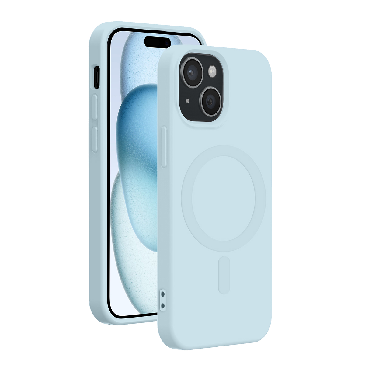 Custodia per smartphone azzurra su sfondo bianco con un telefono mostrato davanti e dietro.