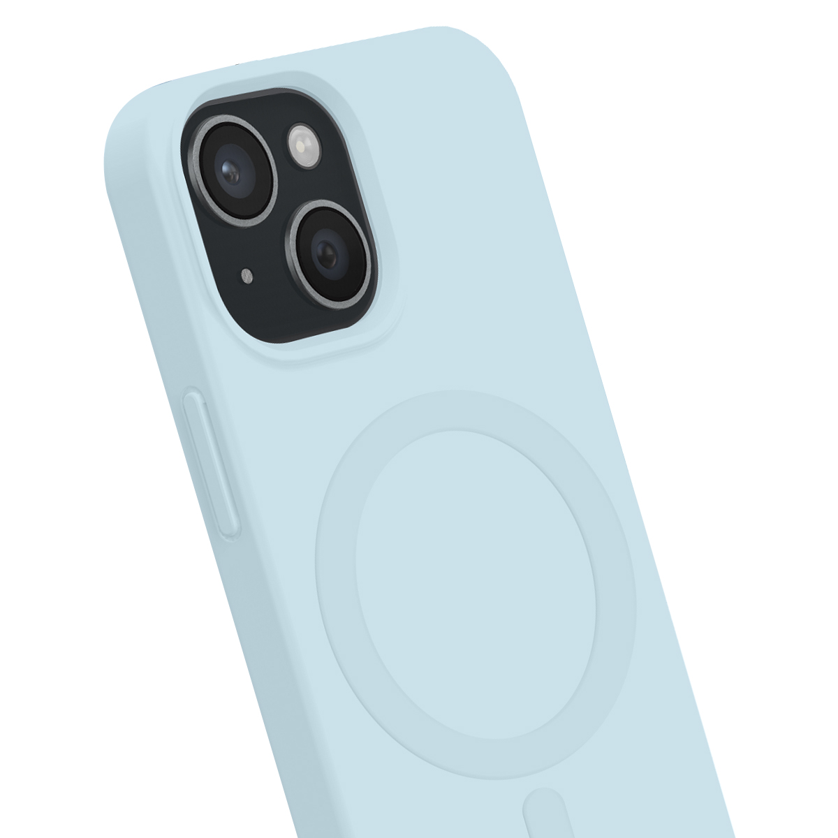 Custodia per smartphone azzurra su sfondo bianco con due aperture per fotocamera e cerchio MagSafe.