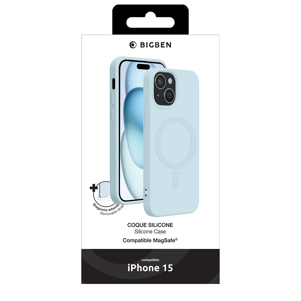 Cover in silicone Bigben azzurro con MagSafe per iPhone 15 nella confezione.