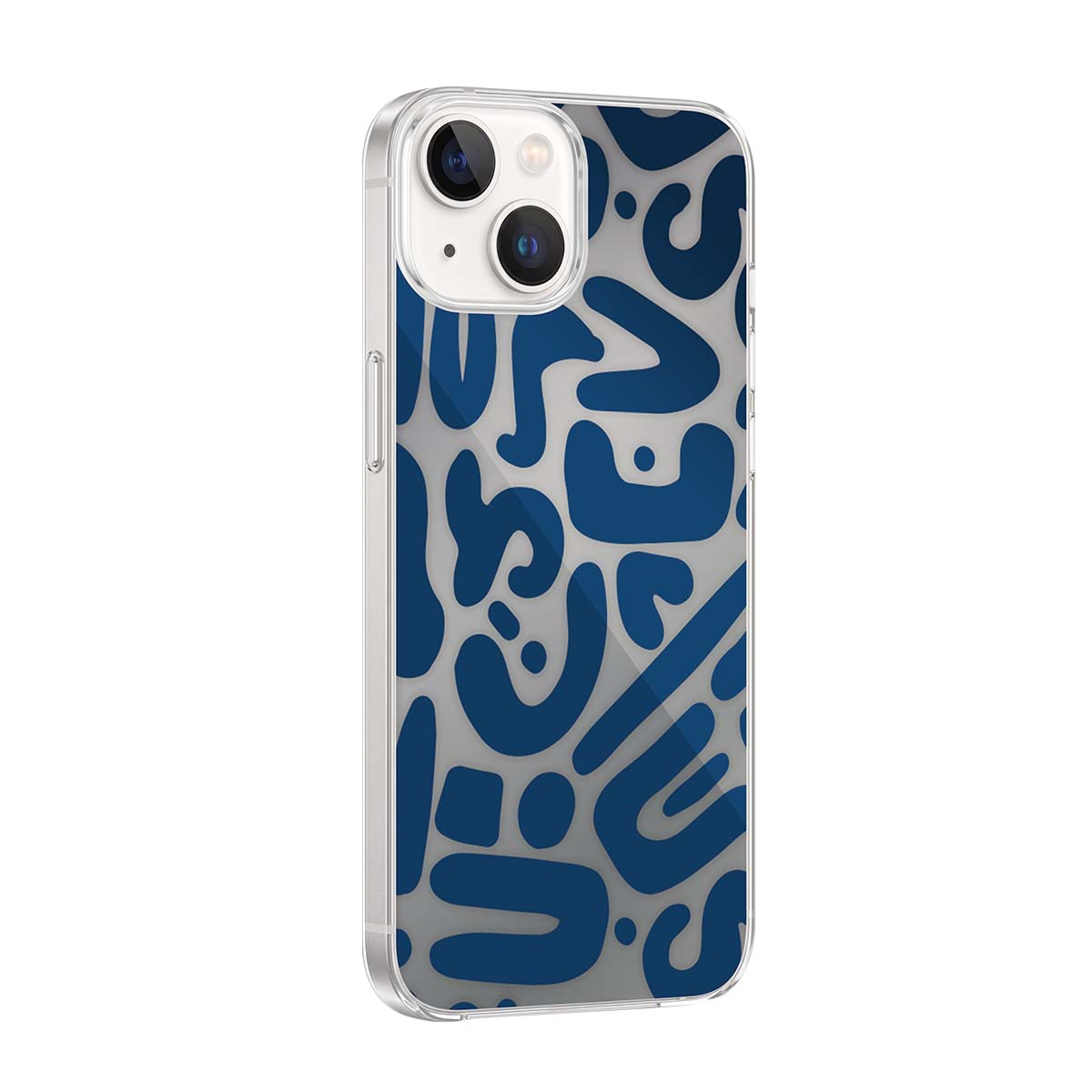 Una custodia trasparente per telefono con un motivo astratto blu su sfondo bianco.