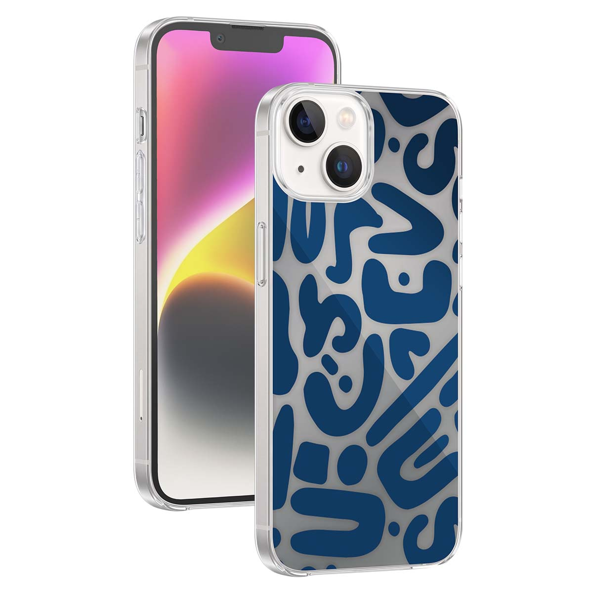 Uno smartphone con una custodia protettiva trasparente decorata con un motivo astratto blu.