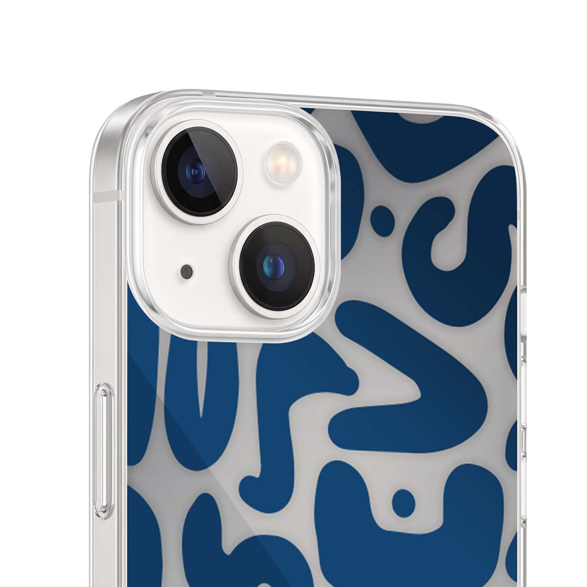 Una custodia trasparente per telefono con un motivo organico blu su sfondo bianco e doppia fotocamera.