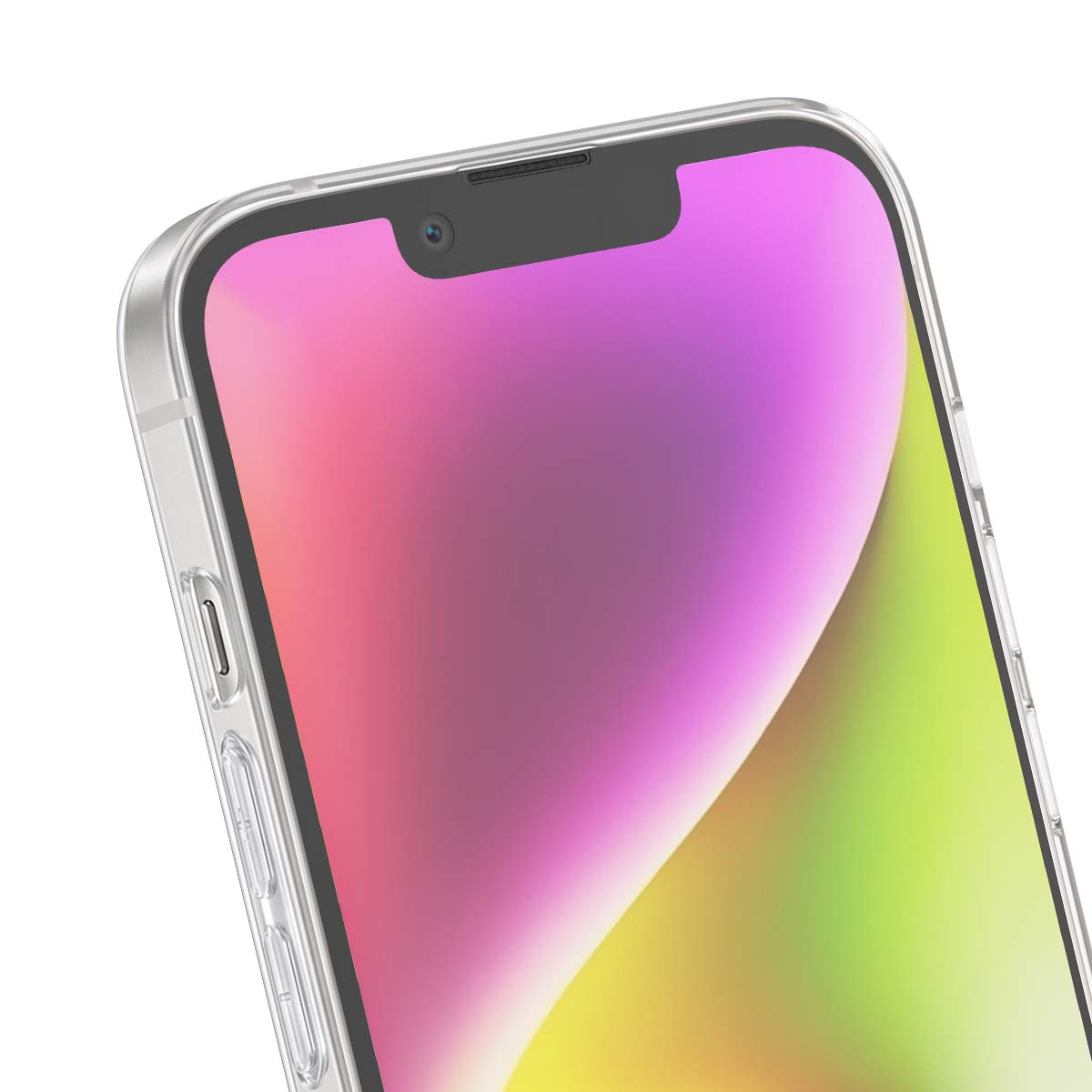 Primo piano di uno smartphone con cover trasparente, tacca superiore, fotocamera e schermo colorato su sfondo bianco.