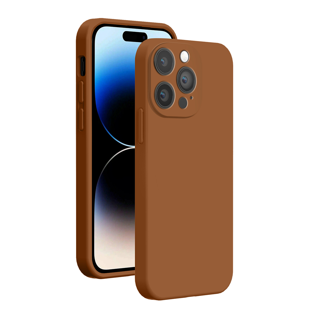 Uno smartphone in una custodia protettiva marrone, mostrato di fronte e di spalle.