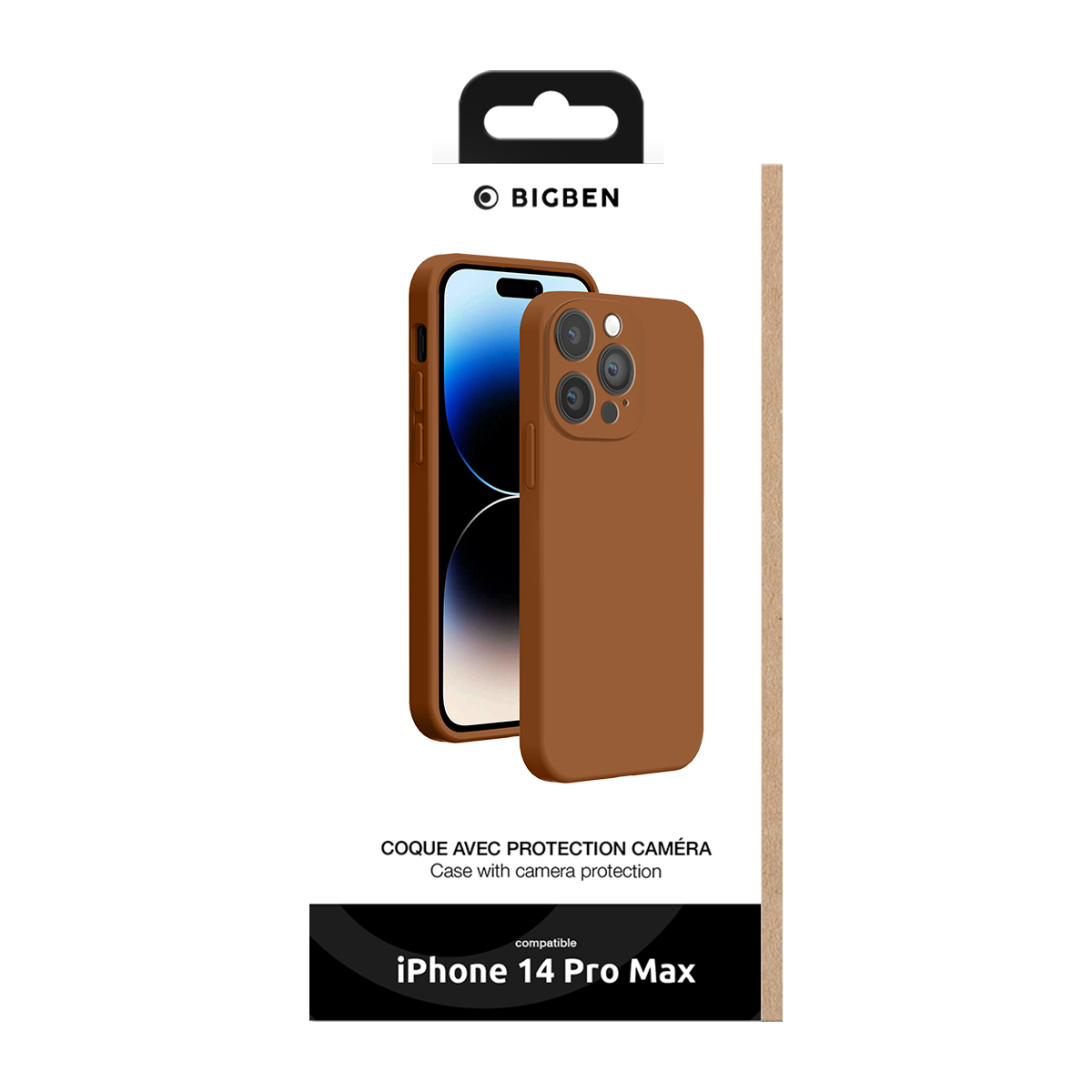 Custodia per telefono marrone Bigben con protezione per fotocamera in confezione per iPhone 14 Pro Max.