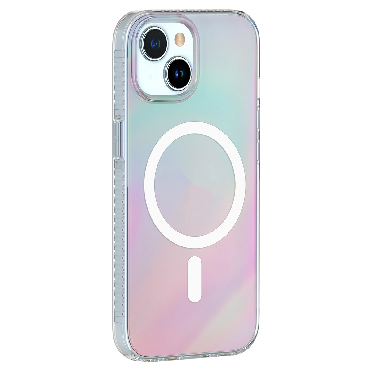Una cover per telefono olografica MagSafe su un iPhone, con un anello bianco e una piccola linea.