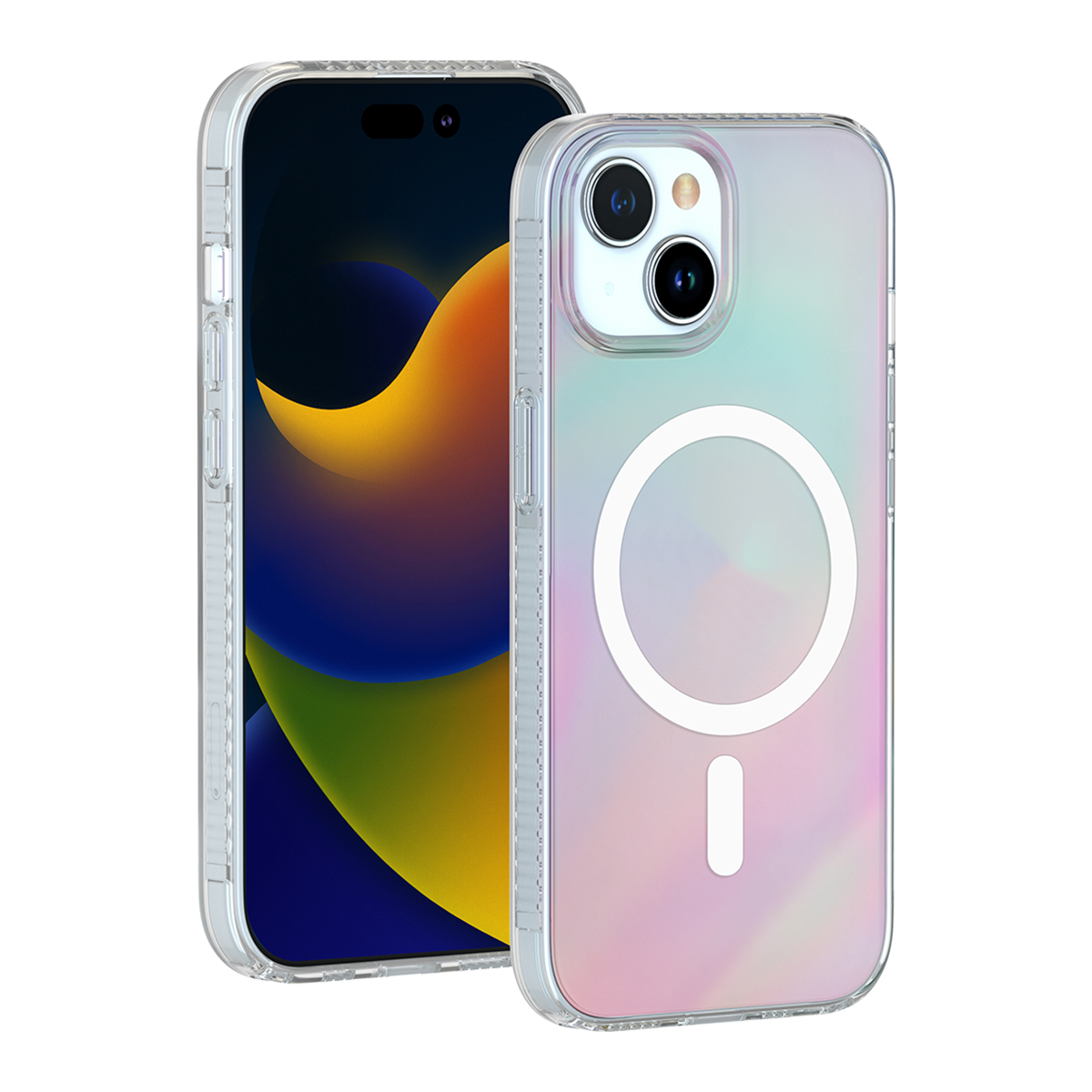 Uno smartphone con una cover protettiva iridescente dotata di anello magnetico sul retro.