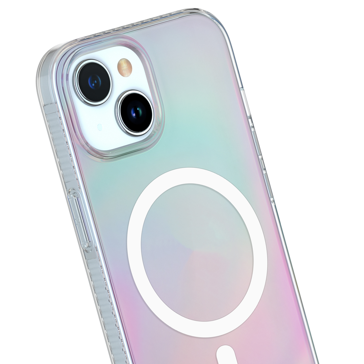 Uno smartphone in una custodia trasparente olografica con un cerchio di ricarica magnetico sul retro.