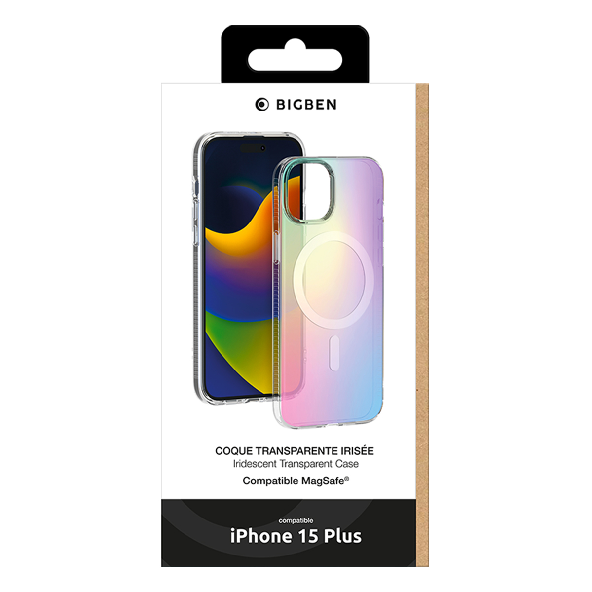 Confezione di una cover trasparente e iridescente compatibile con MagSafe per iPhone 15 Plus.