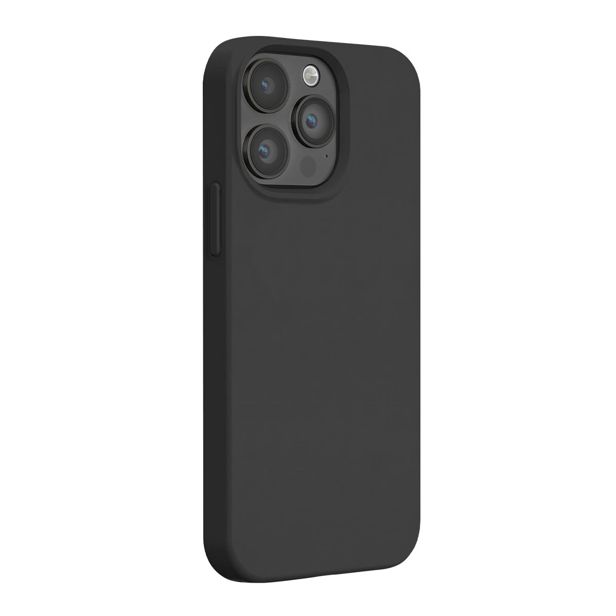 Una custodia nera per smartphone con tripla fotocamera su sfondo bianco.